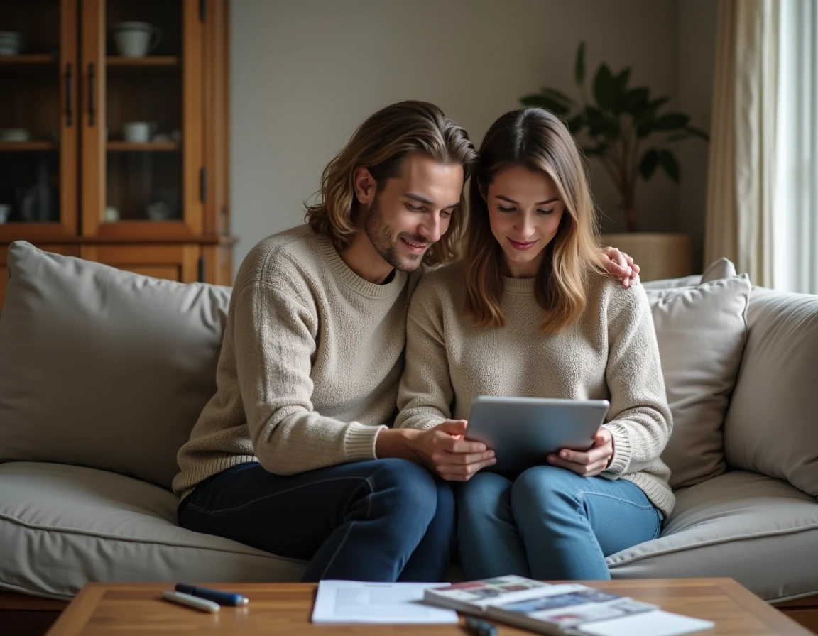 Couple utilisant une tablette pour calculer la restitution de leur crédit logement dans leur salon