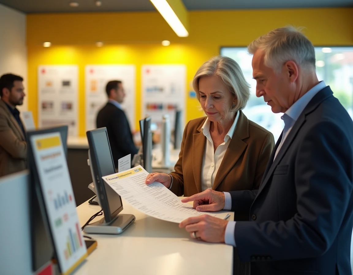 Un couple de clients fidèles consultant un document tarifaire au comptoir de La Banque Postale