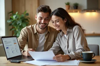 Jeune couple comparant les taux de crédit immobilier sur un ordinateur portable à la maison