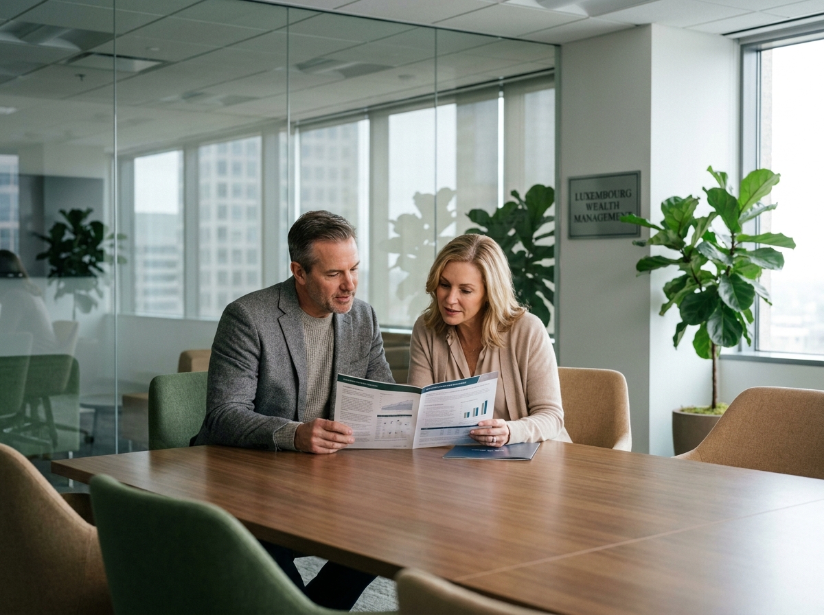 Couple de particuliers consultant un conseiller financier sur leur contrat d'assurance-vie au Luxembourg