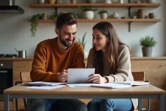 Jeune couple discutant à la cuisine avec tablette