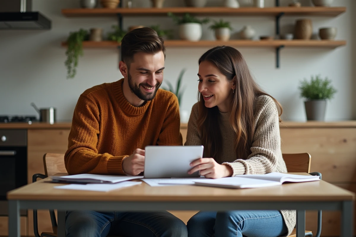 Jeune couple discutant à la cuisine avec tablette