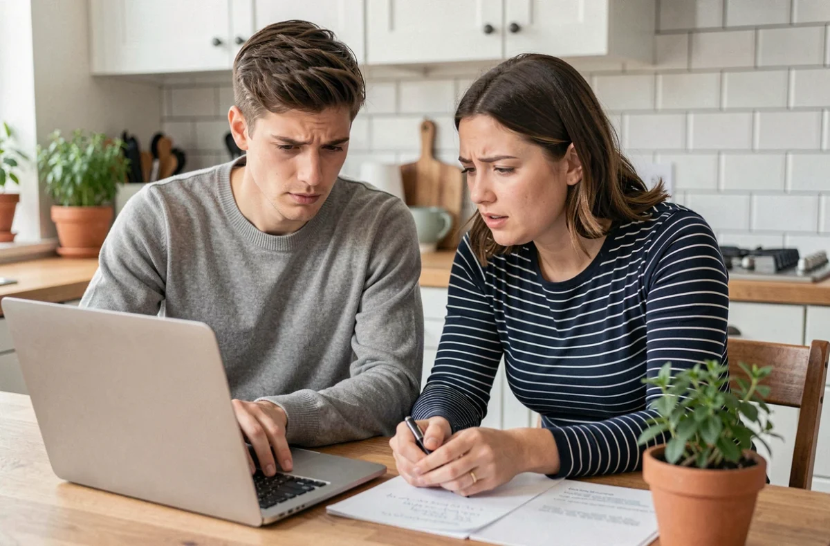 Couple examinant ensemble leur déclaration de revenus sur ordinateur portable à la table de cuisine pour évaluer leur net à payer