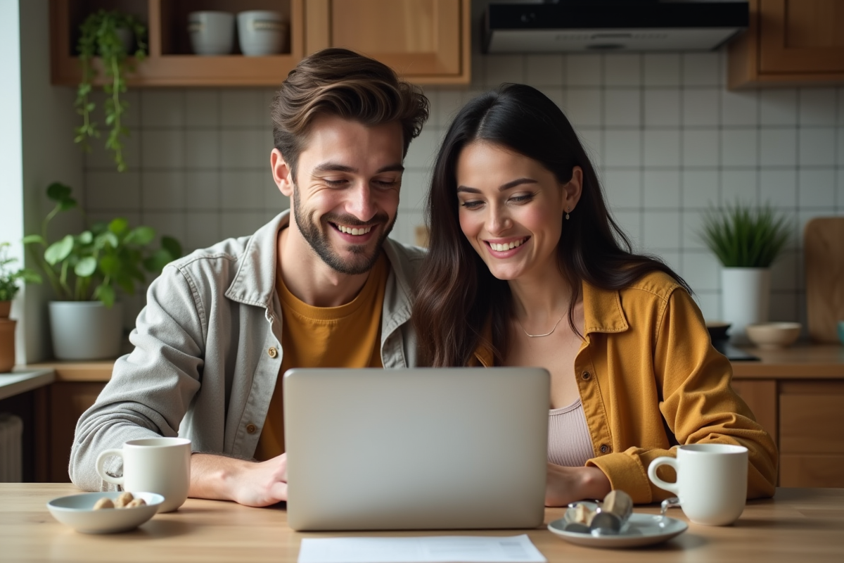 Jeune couple remplissant un formulaire de prêt en ligne à la maison
