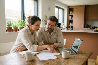 Couple étudiant les options de financement pour l'installation de panneaux solaires à domicile