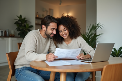 Couple regardant documents financiers à la maison