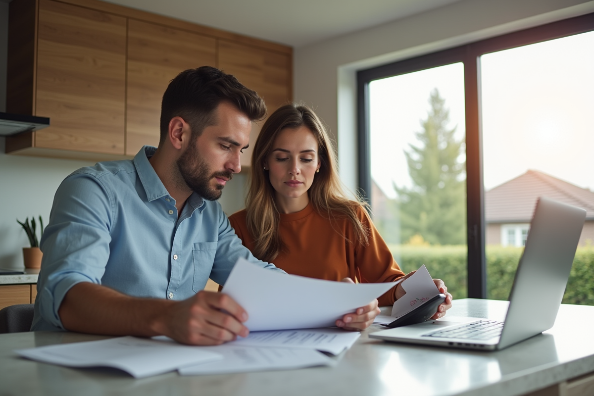 Couple en cuisine planifiant un prêt immobilier