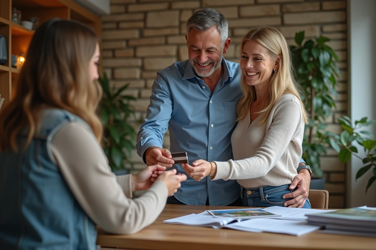 Couple souriant remettant une carte bancaire à un agent immobilier