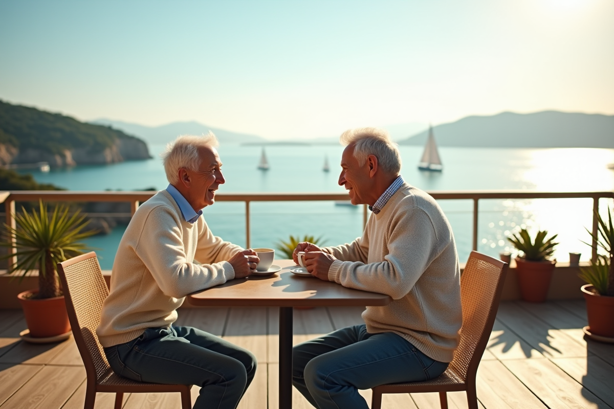 Couple retraité souriant buvant un café face à la mer