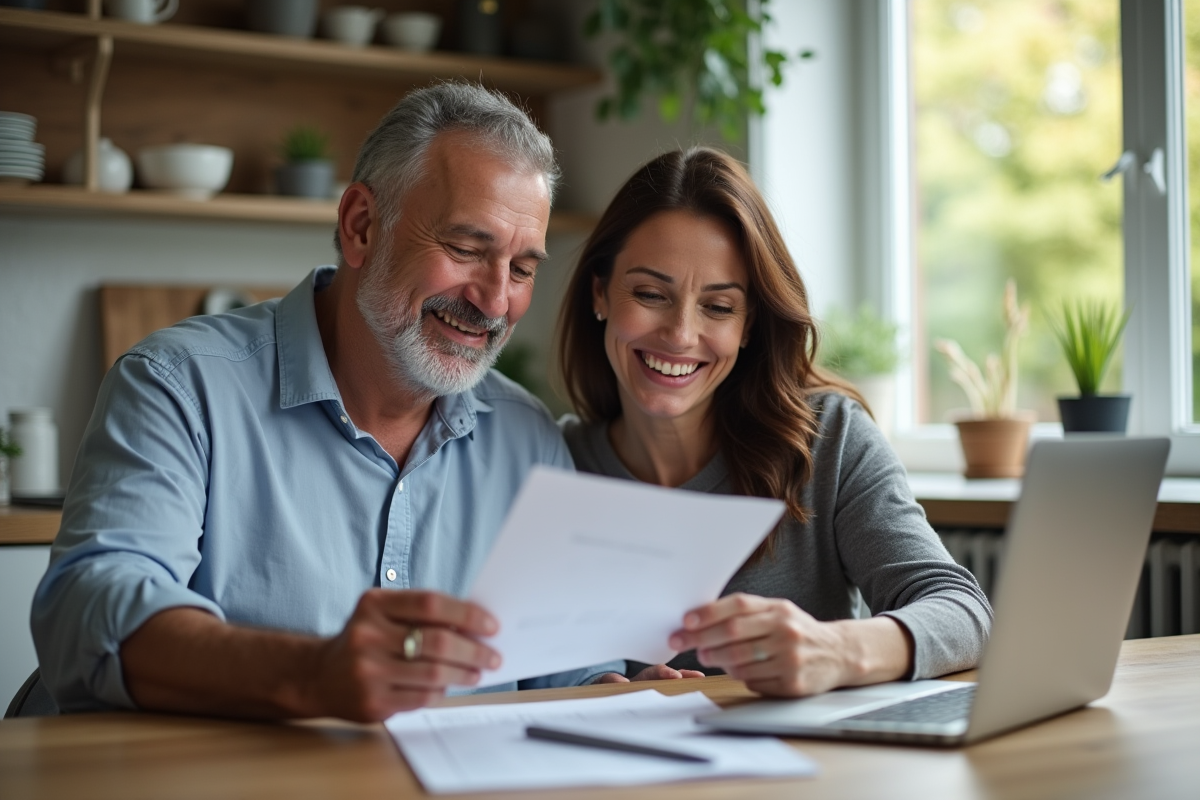 Couple souriant préparant leur retraite avec documents et ordinateur