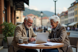 Couple retraité souriant au café en Europe