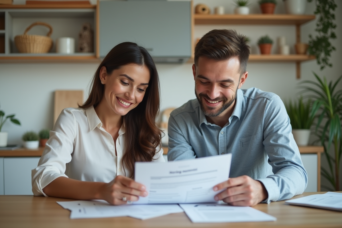 Couple souriant discutant de documents de prêt immobilier