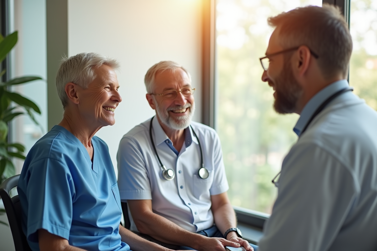 Couple senior souriant avec médecin dans une clinique lumineuse
