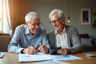 Couple senior souriant dans leur salon moderne