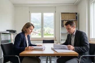 Couple suisse en réunion de pension au bureau