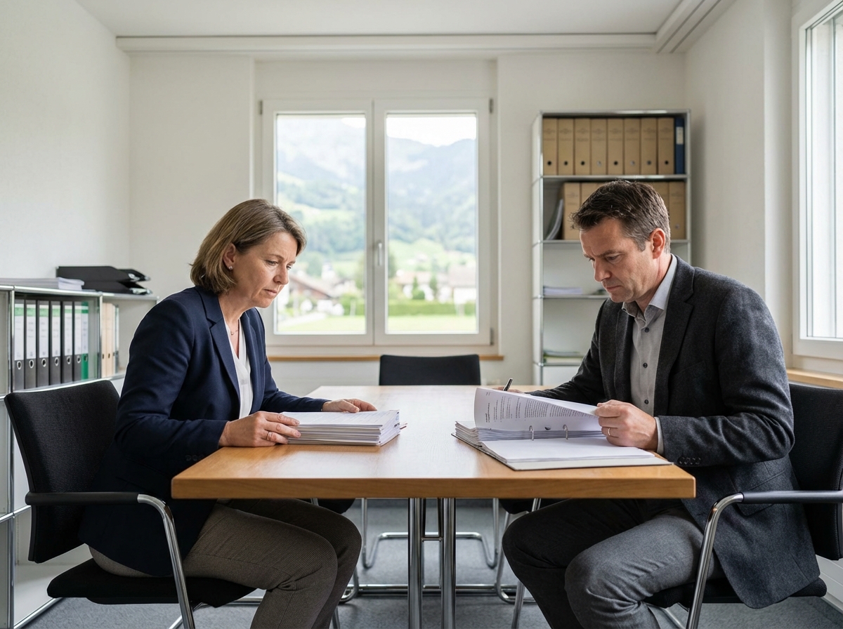 Couple suisse en réunion de pension au bureau