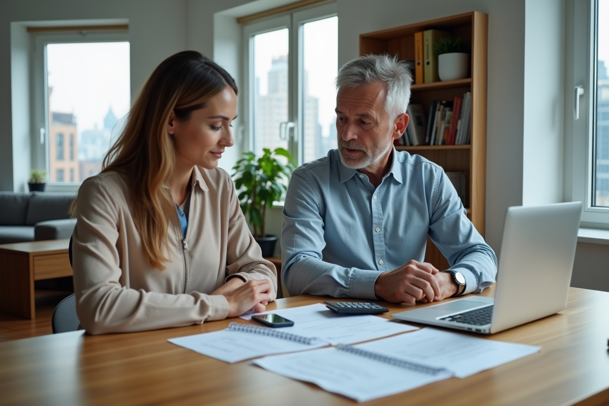 Couple d'adultes travaillant sur documents immobiliers