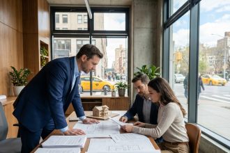Courtier en assurance expliquant un contrat d'achat immobilier à un couple dans un bureau moderne