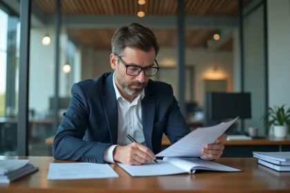 Courtier assurance en bureau moderne examine un manuel