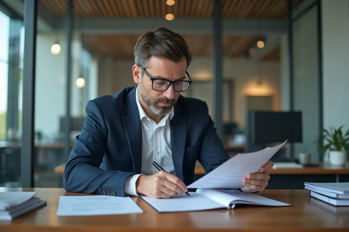 Courtier assurance en bureau moderne examine un manuel