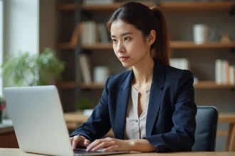 Femme professionnelle créant un compte Bourse Directe sur son ordinateur portable dans un bureau à domicile moderne