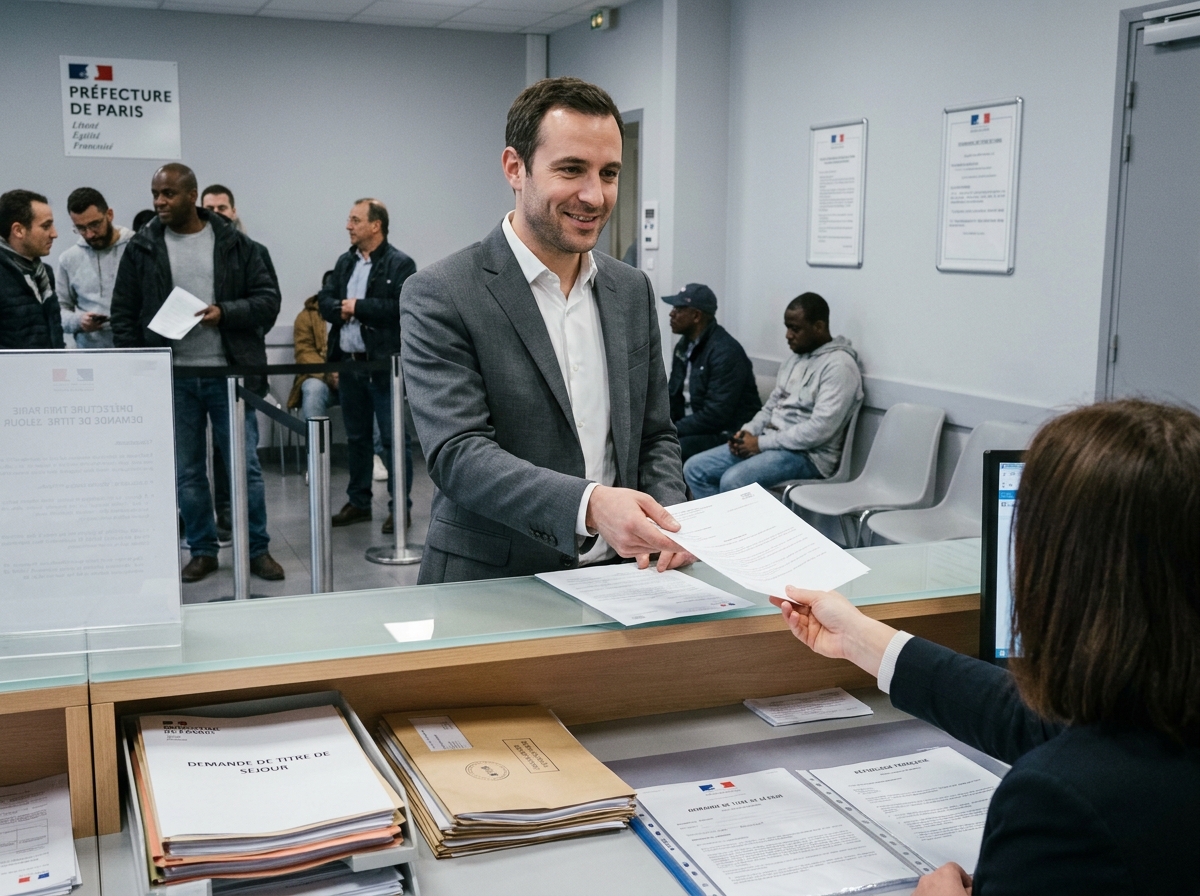 Homme entrepreneur déposant des documents officiels pour la création de sa société dans une administration parisienne en 2026