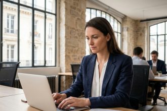 Femme entrepreneur parisienne qui crée sa société en travaillant sur des documents administratifs dans un espace de coworking moderne à Paris