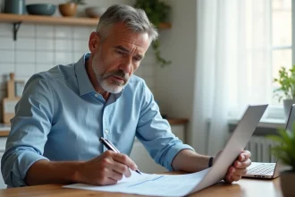 Homme consultant un formulaire de demande de crédit après un incident de paiement à son bureau à domicile