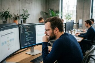 Développeur intégrant une API de signature électronique Youtrust sur son poste de travail en open space