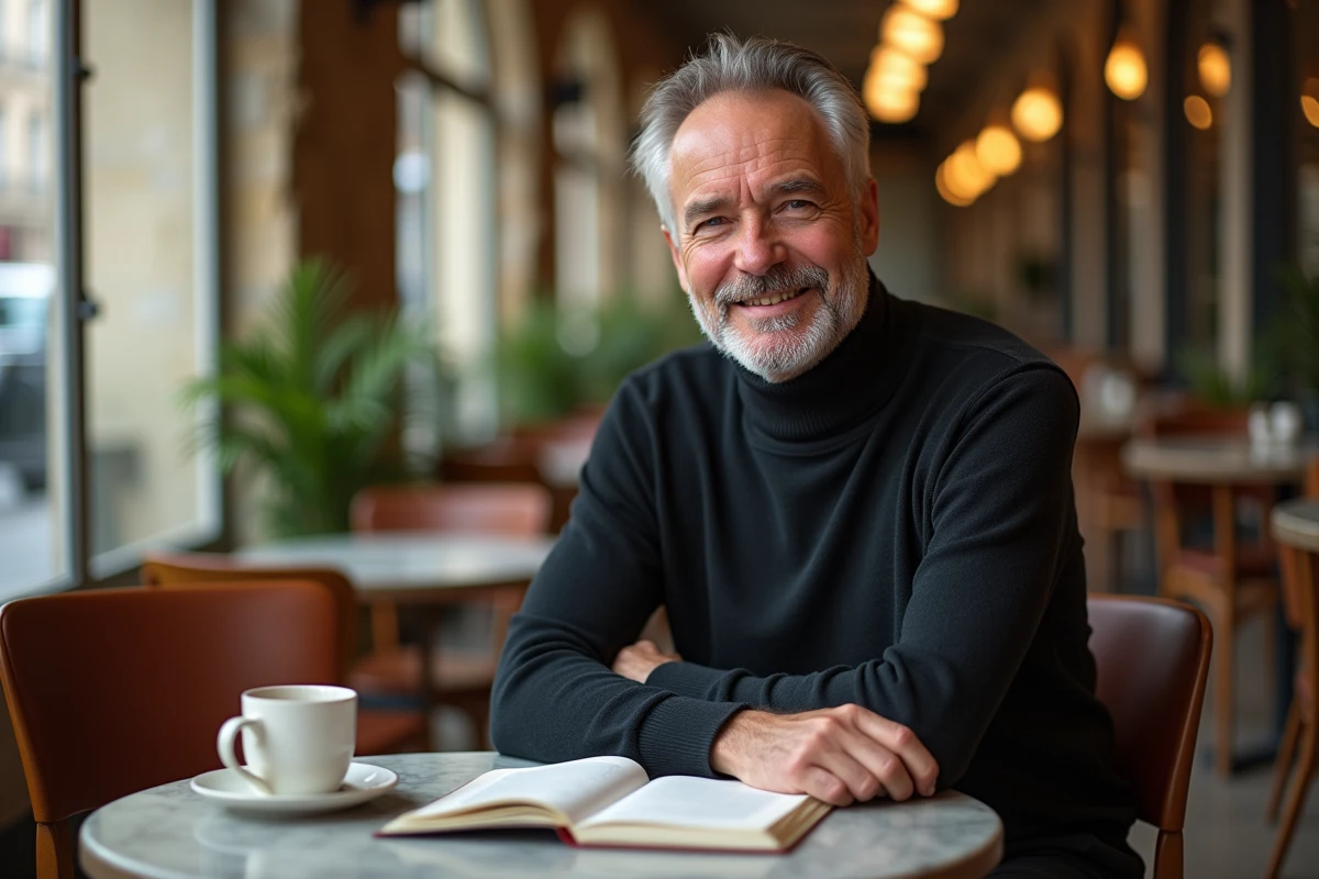Personnalité médiatique et intellectuelle en entretien dans un café parisien authentique, atmosphère journalistique décontractée