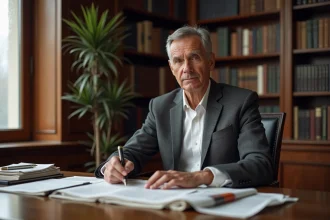 Journaliste économique chevronné assis à son bureau dans un bureau éditorial parisien, entouré de journaux et de livres