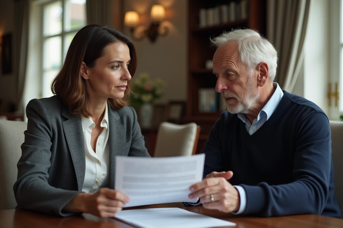 Une femme et un homme plus âgé discutant d'un document financier autour d'une table, évoquant une donation ou transmission de patrimoine entre particuliers
