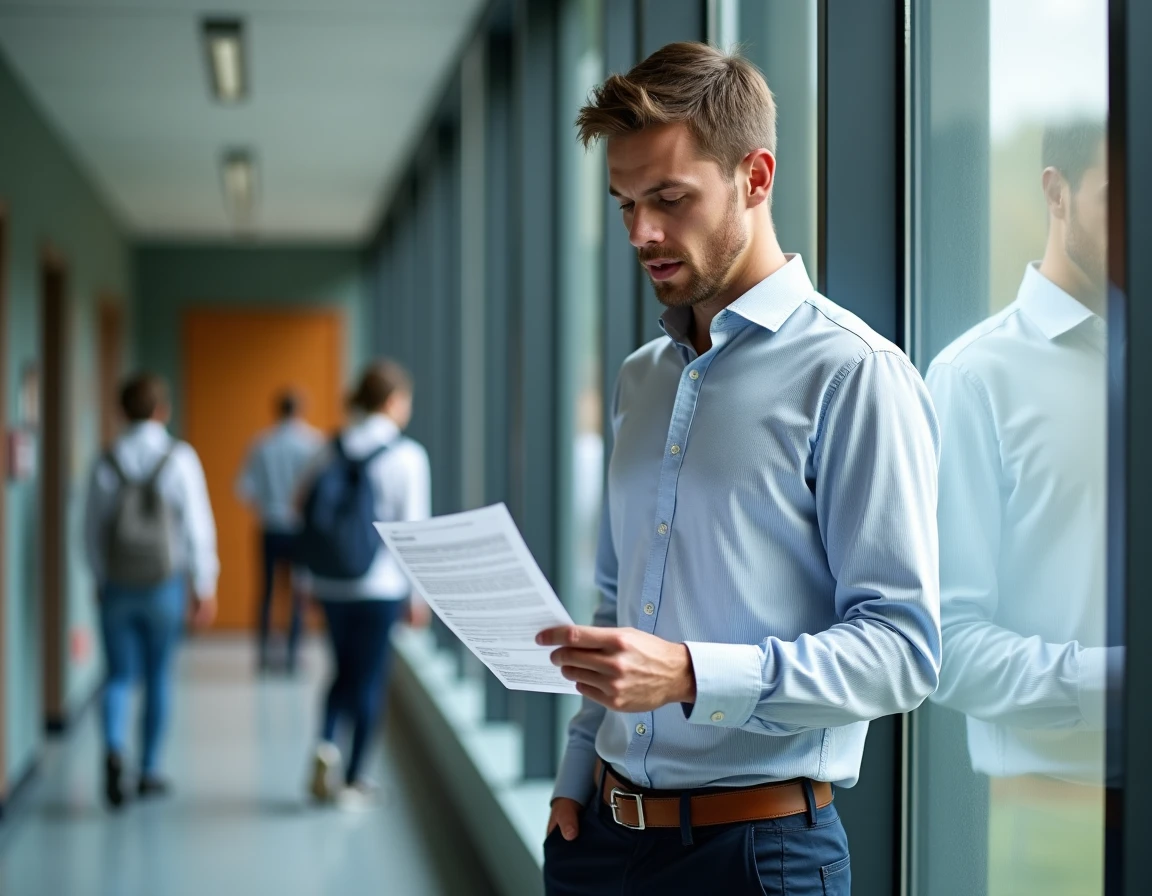 Enseignant masculin lisant un document de salaire dans un couloir d'établissement scolaire