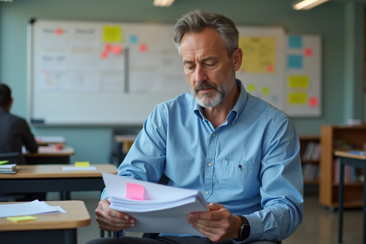 Professeur homme en classe avec documents colorés