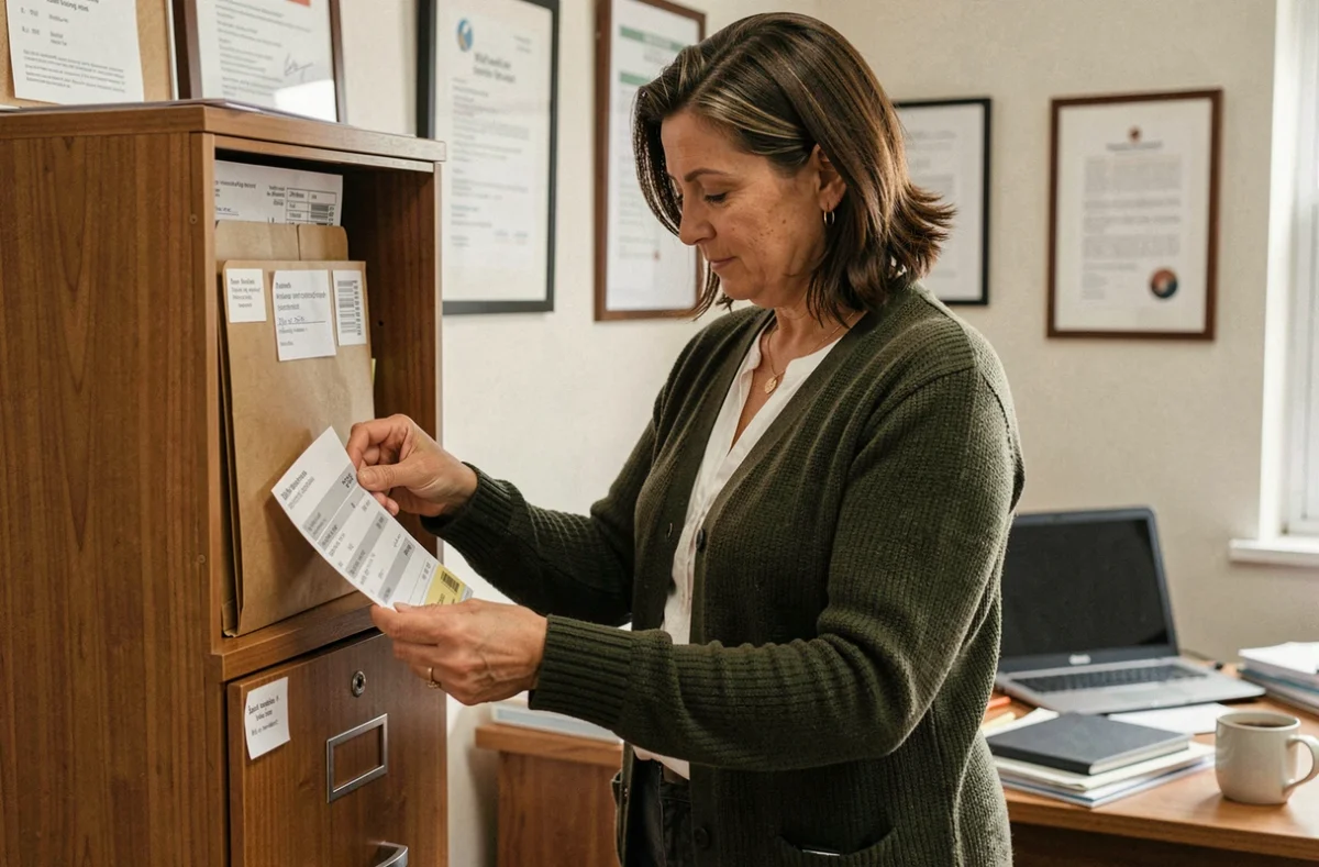 Enseignante archivant ses bulletins de salaire dans un classeur dans un bureau administratif