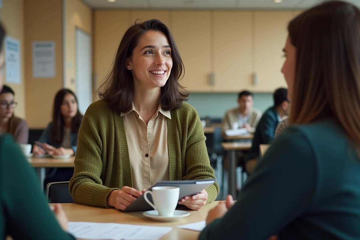 Jeune enseignante en discussion dans la salle du personnel