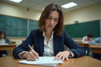 Enseignante inquiète révisant des documents administratifs dans une salle de classe française, illustrant les retards de paiement des salaires des professeurs