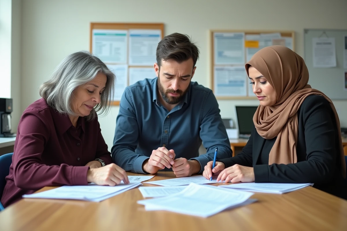Groupe d'enseignants réunis dans une salle des professeurs analysant des fiches de paie, évoquant les problèmes de retards de salaires dans l'éducation nationale