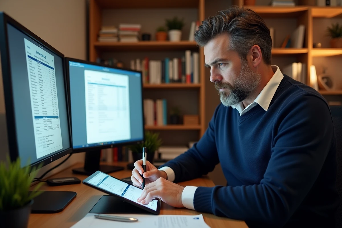 Entrepreneur à domicile utilisant un logiciel de facturation pour convertir des prix HT en TTC