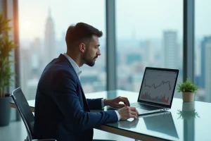 Entrepreneur fintech analysant ses revenus et dividendes sur un ordinateur portable dans un bureau moderne