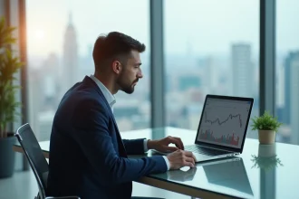 Entrepreneur fintech analysant ses revenus et dividendes sur un ordinateur portable dans un bureau moderne
