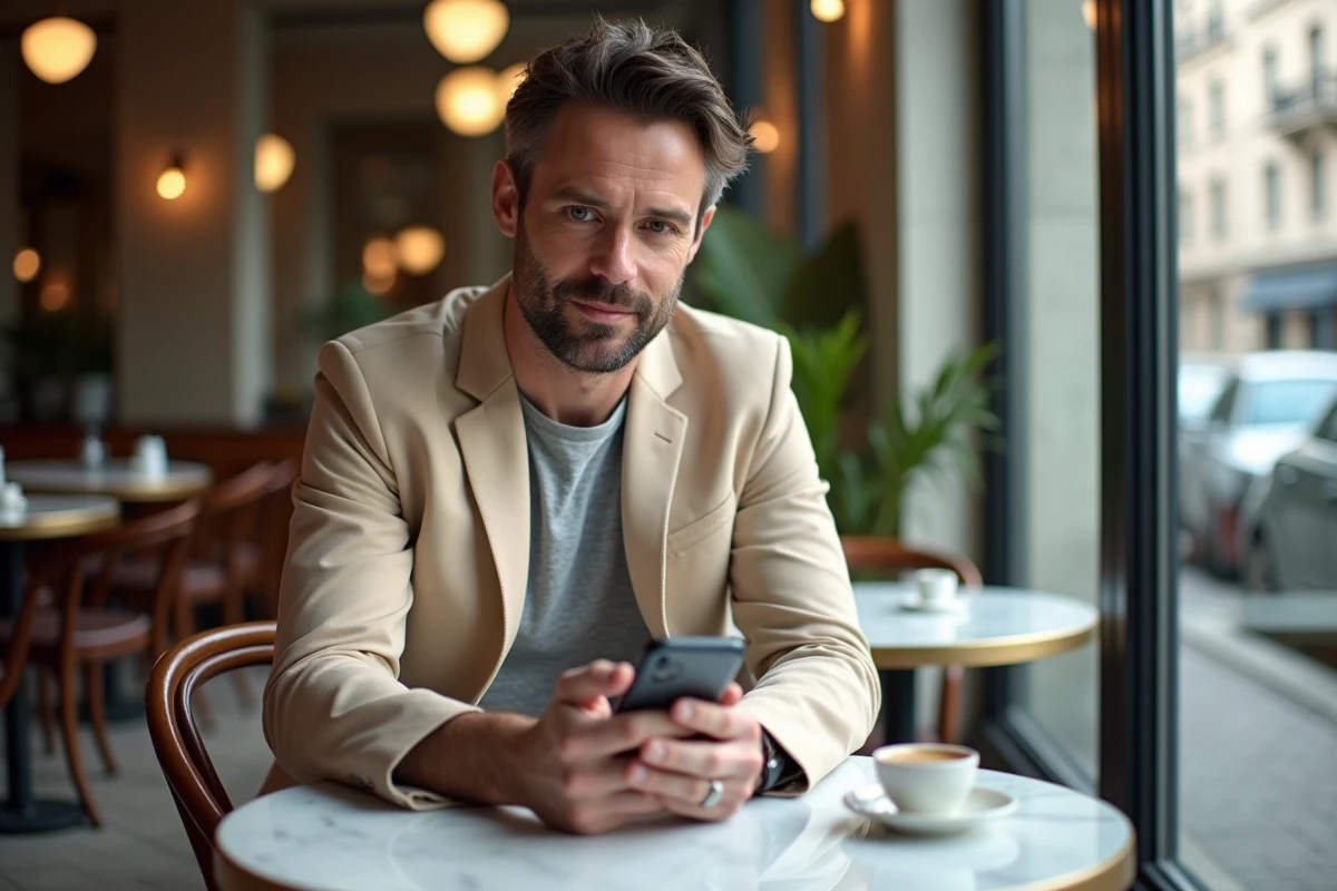 Entrepreneur consultant sa fortune et ses investissements sur une application de finance personnelle dans un café parisien