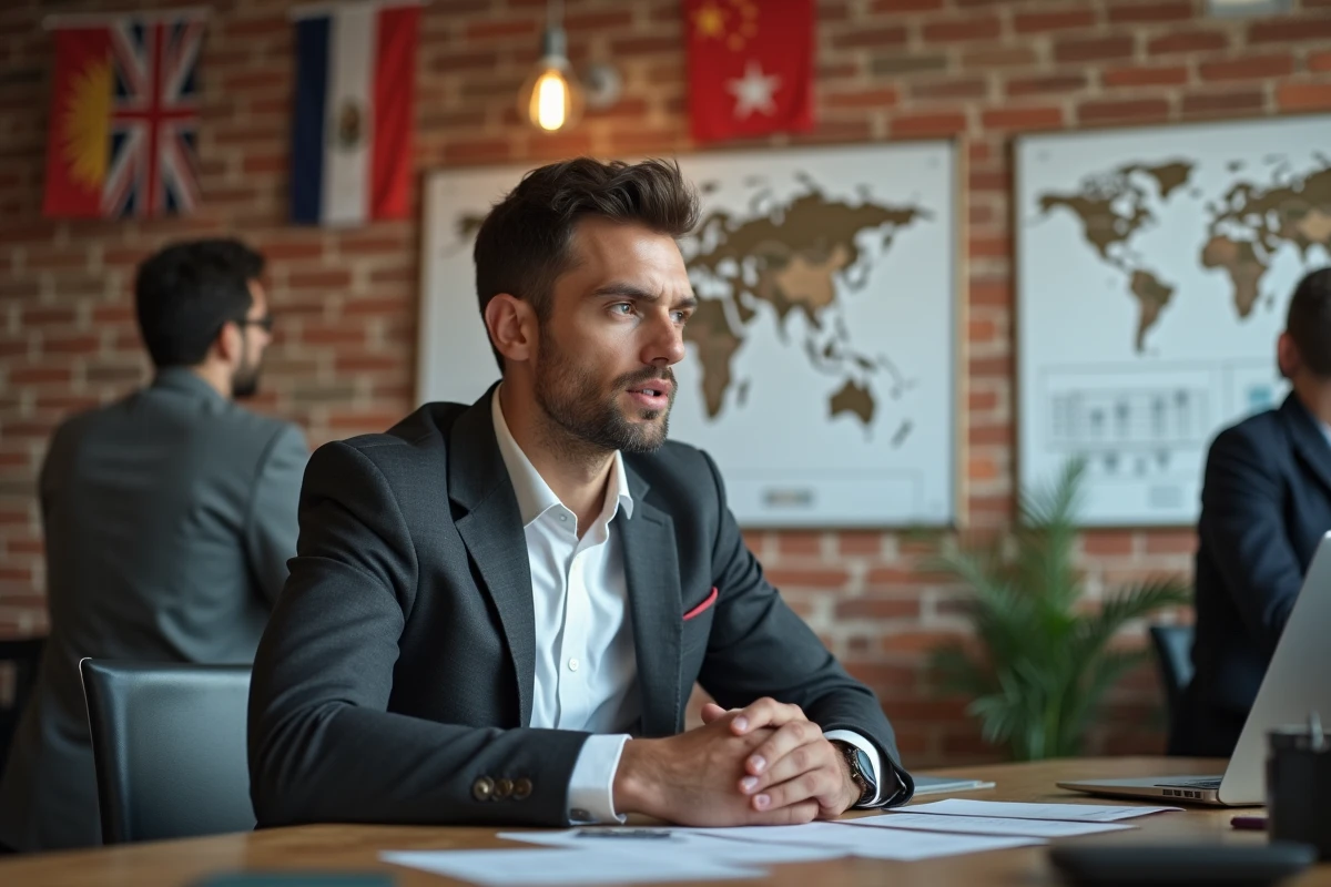 Entrepreneur en réunion stratégique dans un espace de coworking international pour développer une activité offshore légale