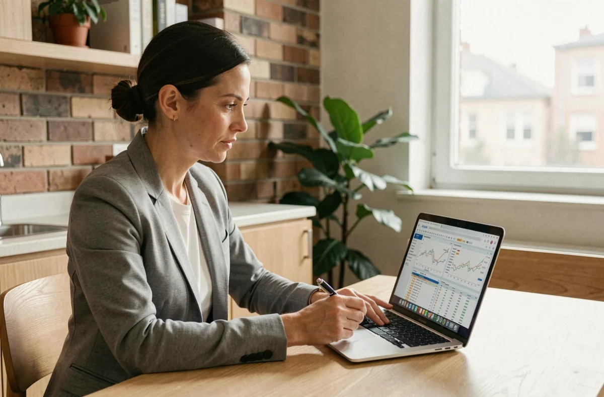 Femme entrepreneur révisant sa stratégie financière face à la hausse des taux CMS sur son ordinateur portable