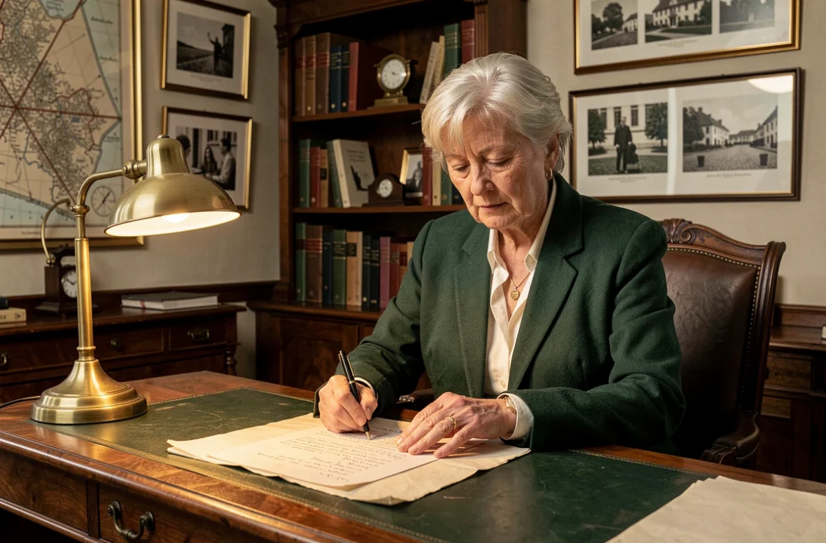 Notaire senior de l'Etude Butrot-Granger-Presle étudiant un document de patrimoine dans un bureau classique