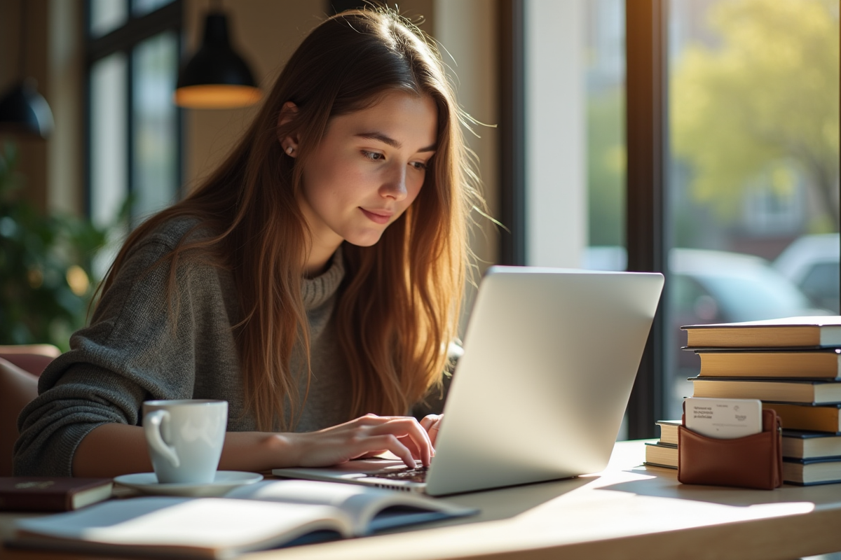 Etudiant concentré travaillant sur un ordinateur portable dans un café lumineux