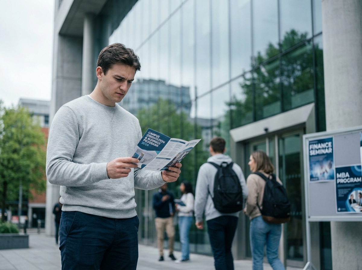 Étudiant en finance devant une école de commerce consultant une brochure d'orientation sur un campus urbain