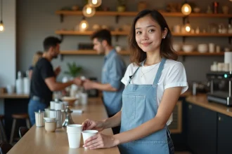 Étudiante travaillant à temps partiel dans un café, illustrant un contrat étudiant au SMIC 25 heures