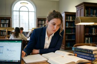 Étudiante en finance concentrée sur ses cours dans une bibliothèque universitaire avec manuels et ordinateur portable