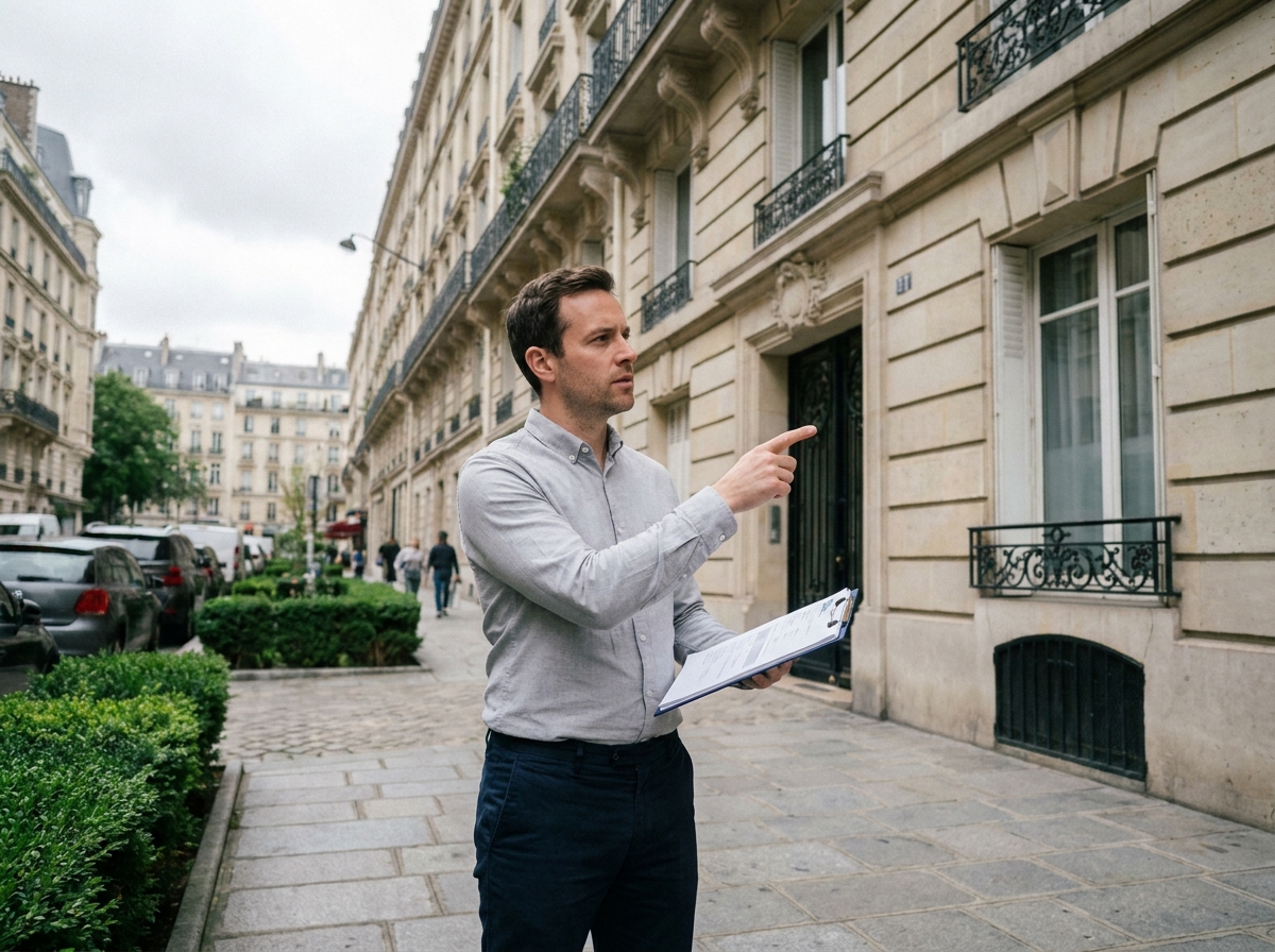 Investisseur immobilier évaluant un immeuble locatif depuis la rue avec un clipboard de données financières
